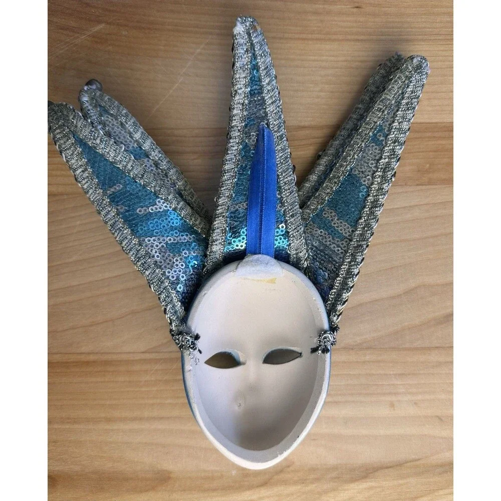 Blue Venetian Jester Wall Mask Carnival Harlequin Sequin Bells 8
